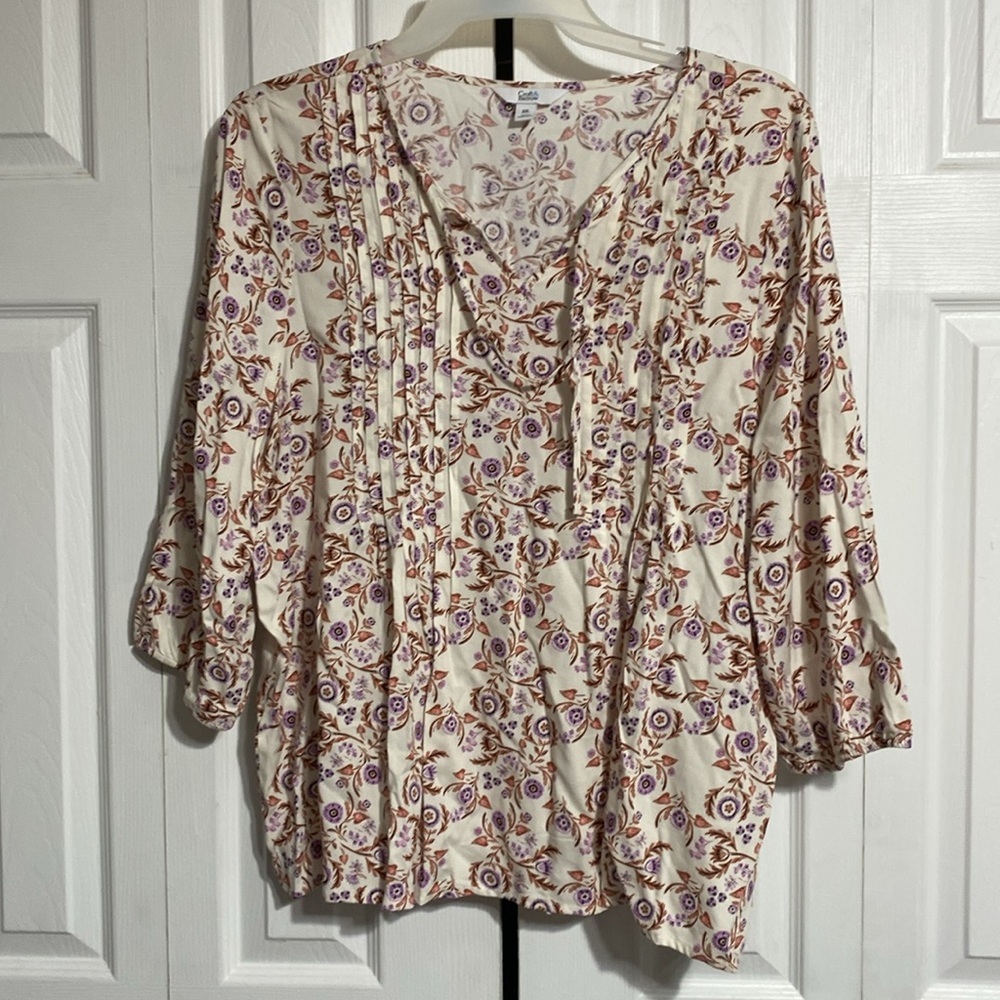 Croft & Barrow cream floral smock top shirt blouse size XXL